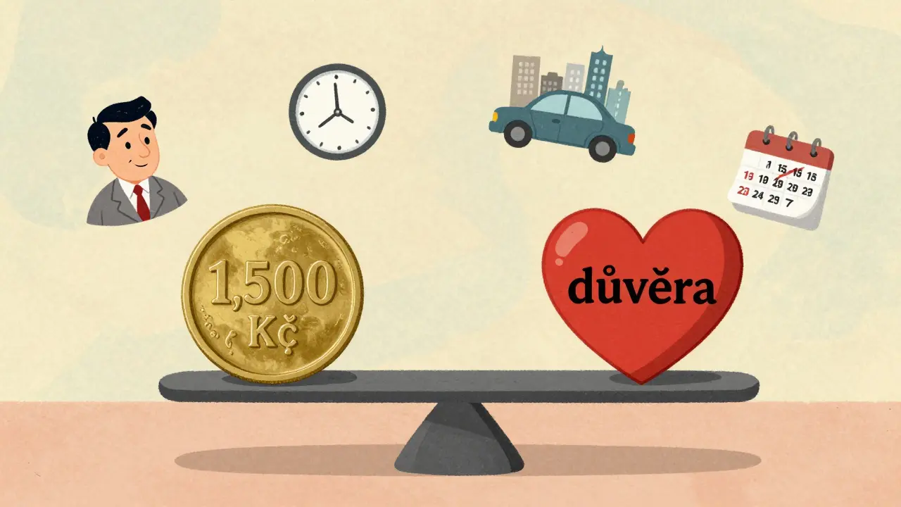 Váha s cenou 1 500 Kč a srdcem 'důvěra', kolem nich ikony terapeuta, času, cesty a kalendáře — symbolizující hodnotu psychoterapie.
