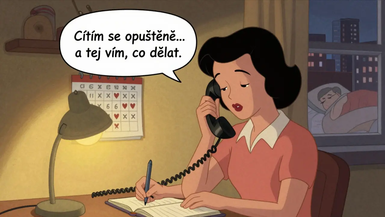 Žena píše do sešitu při lampě, na zdi kalendář s srdíčky, telefon v ruce.