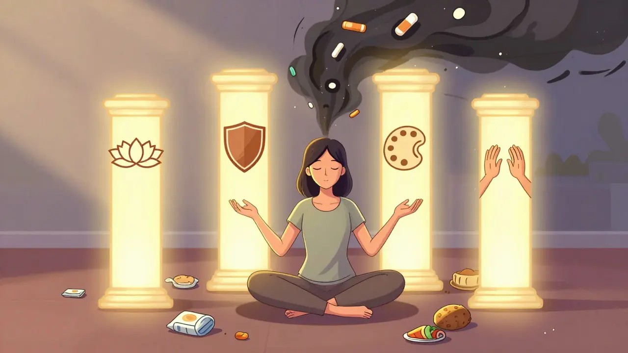 Žena sedí na podlaze, kolem ní vznikají čtyři sloupy symbolizující DBT dovednosti.