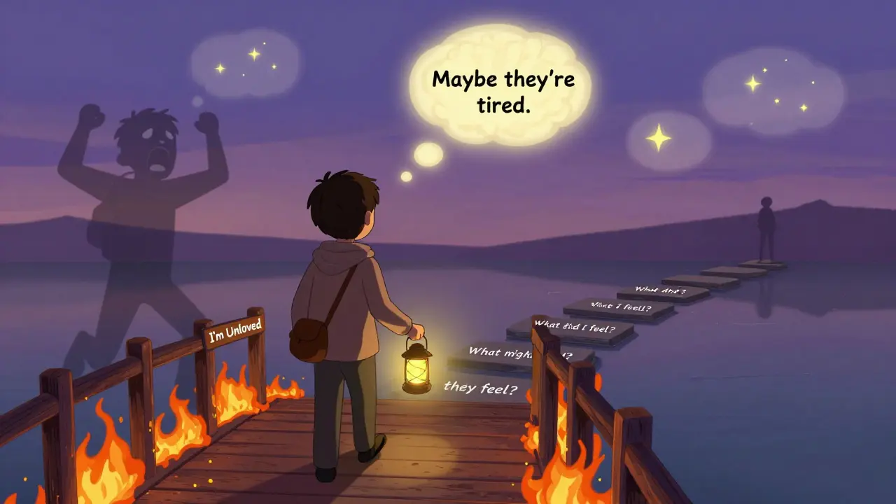 Člověk opouští hořící most s lanternou ve tvaru mozku a kroky s otázkami před sebou.