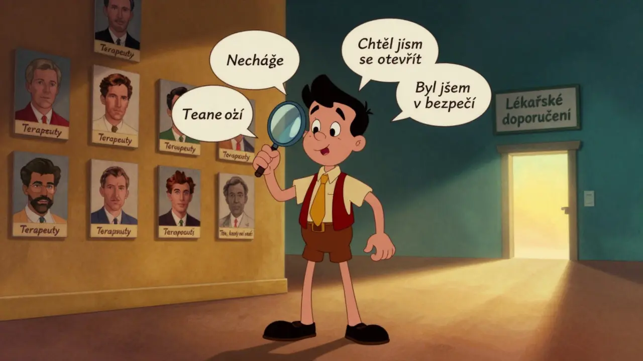 Člověk prochází sbírkou terapeutů, hledá ten, který mu sedí, s cestou vedoucí k světlu.