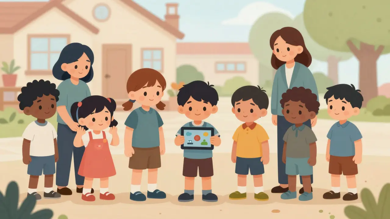 Děti s autismem učí různé dovednosti — oblékání, komunikaci a čekání — v různých prostředích.