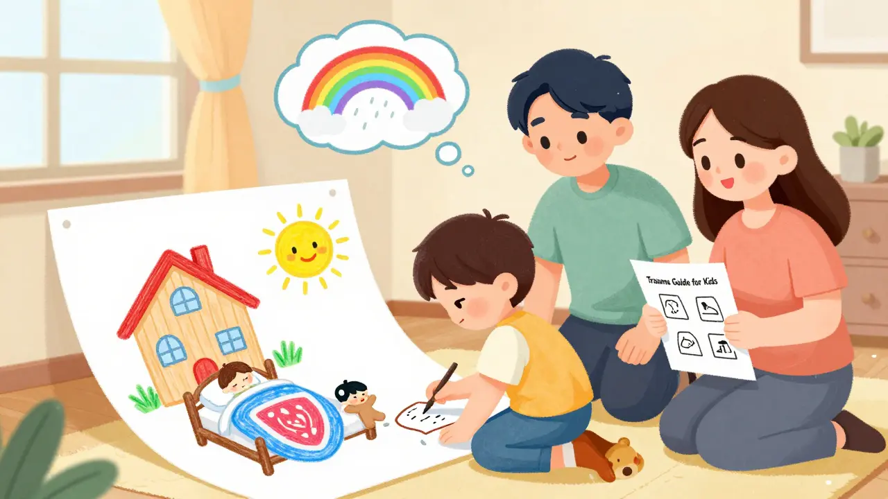 Dítě kreslí obrázek bezpečného domu, rodiče se dívají s úsměvem, nad nimi plavou myšlenkové bubliny s bouří přeměněnou na duhu.