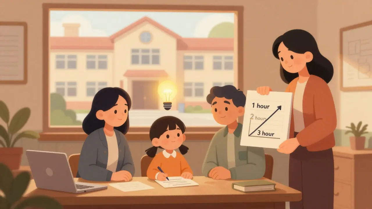 Dítě s psychologem a rodičem v kanceláři, kolem nich postupné kroky návratu do školy.