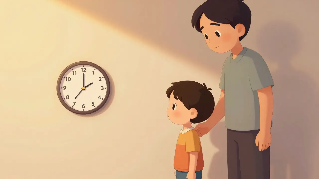 Dítě stojí v klidu během timeoutu, rodič klidně stojí vedle něj.