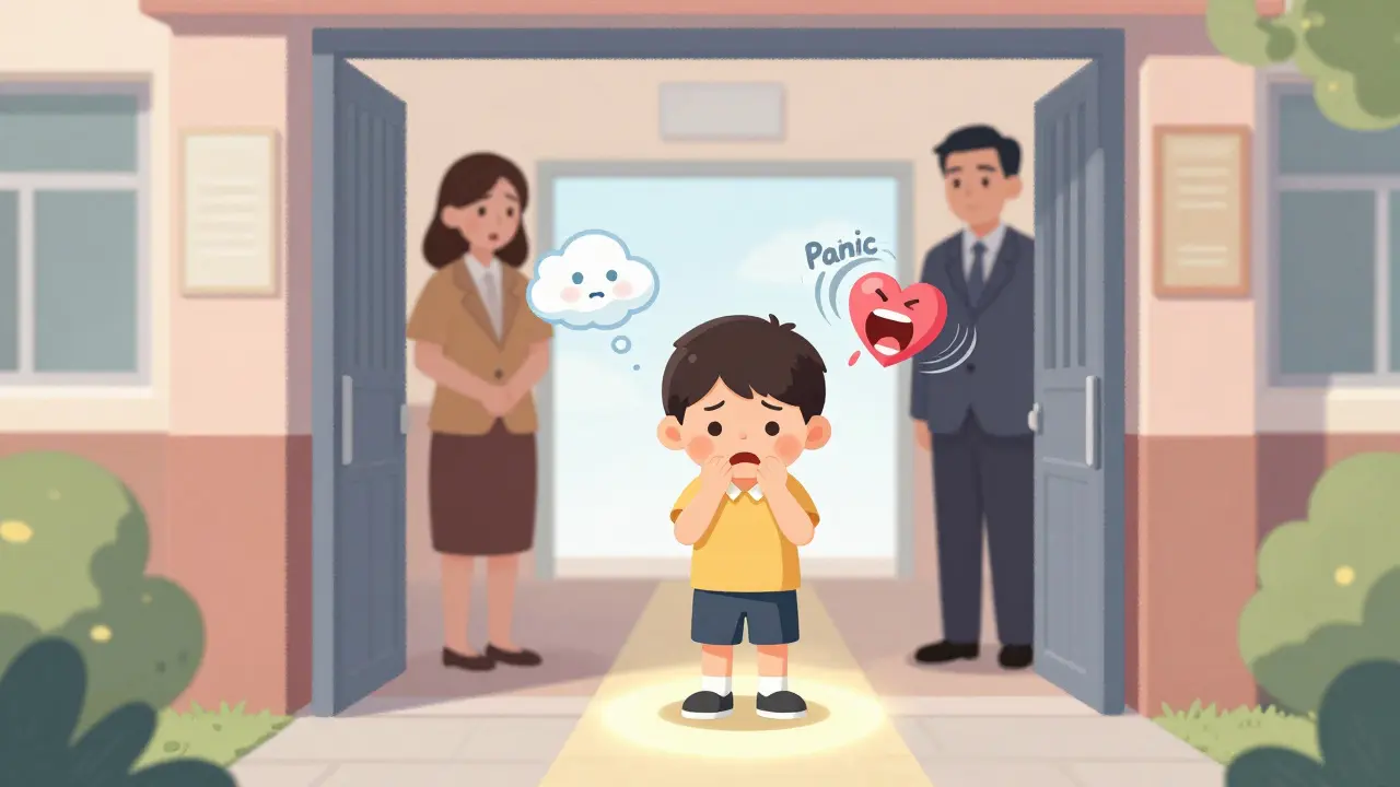 Dítě ztuhlé u školní brány, kolem něj se vznášejí fyzické příznaky úzkosti.