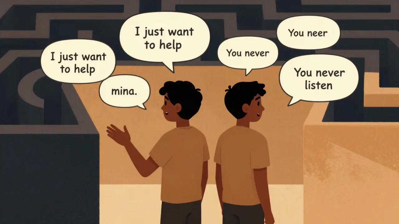 Dva lidé stojí zády k sobě mezi nevázanými řečovými bublinami.