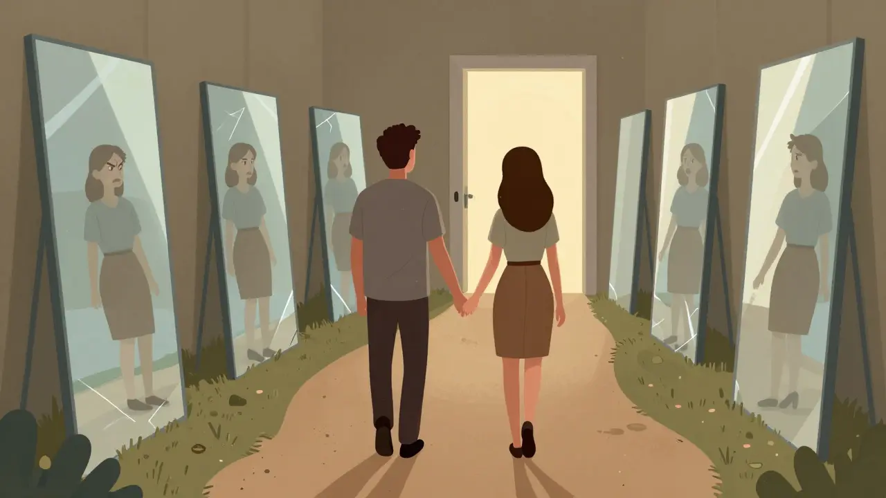 Dvojice jde cestou mezi zlomenými zrcadly, před nimi zářící dveře.