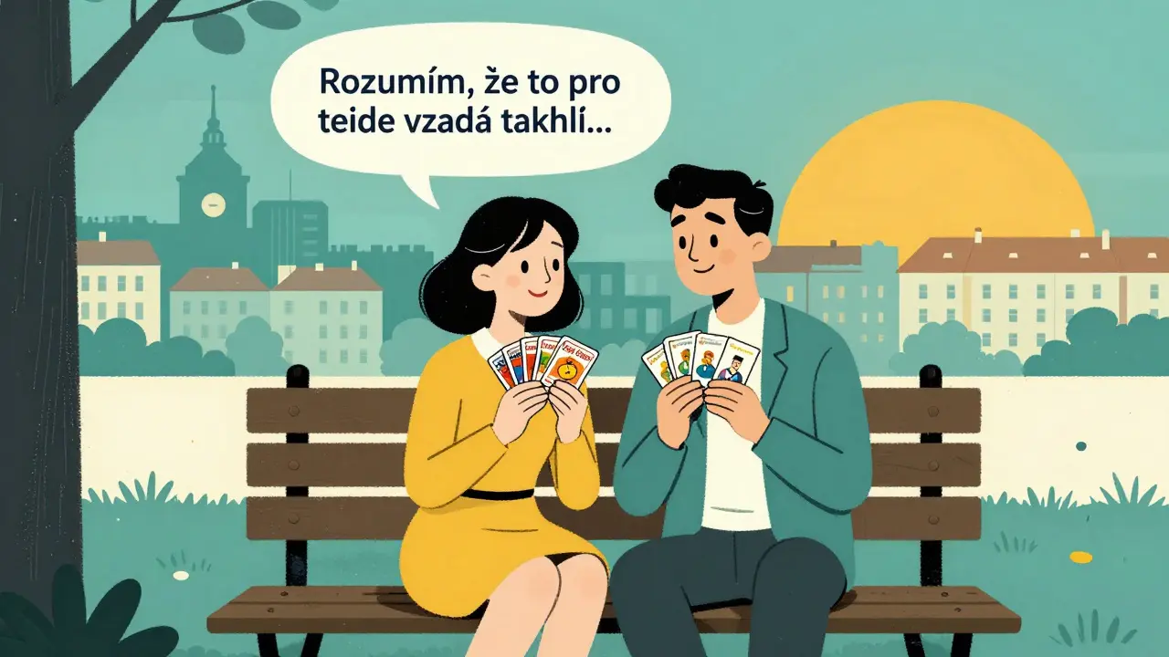 Dvojice na lavičce s Gottmanovými kartami, nad nimi svítí věta o porozumění, za nimi východ slunce nad Prahou.