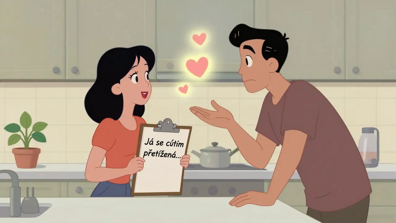 Dvojice v kuchyni, žena mluví o svých pocitech, muž naslouchá s otevřenými rukama, mezi nimi plavou srdíčka.