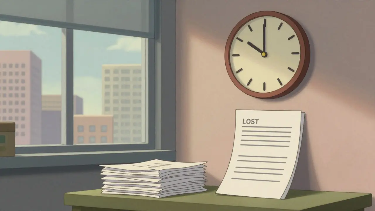 Kancelář terapeuta s hodinami a papíry v retro kresleném stylu.