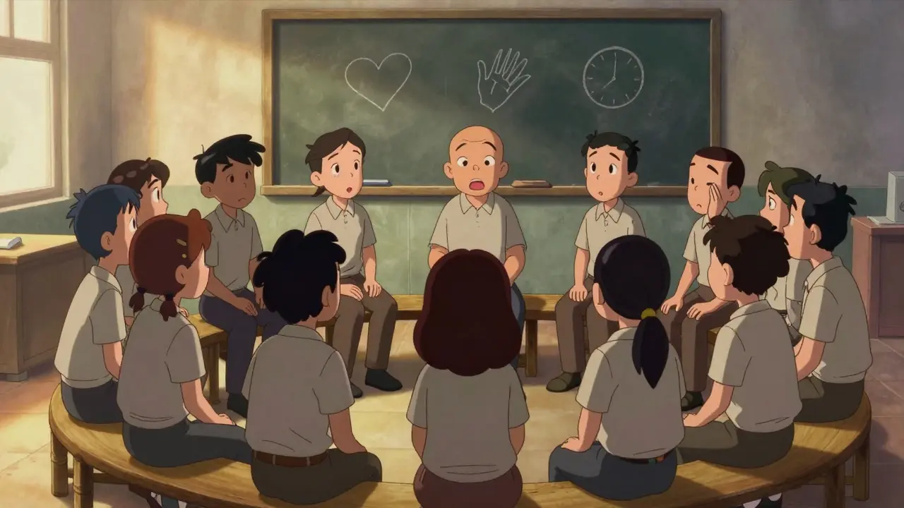 Lidé sedí v kruhu a poslouchají jednoho z nich s empatií.