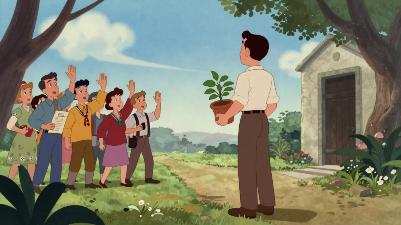 Muž drží rostlinu a dívá se na východ, zatímco ostatní v pozadí vlní.