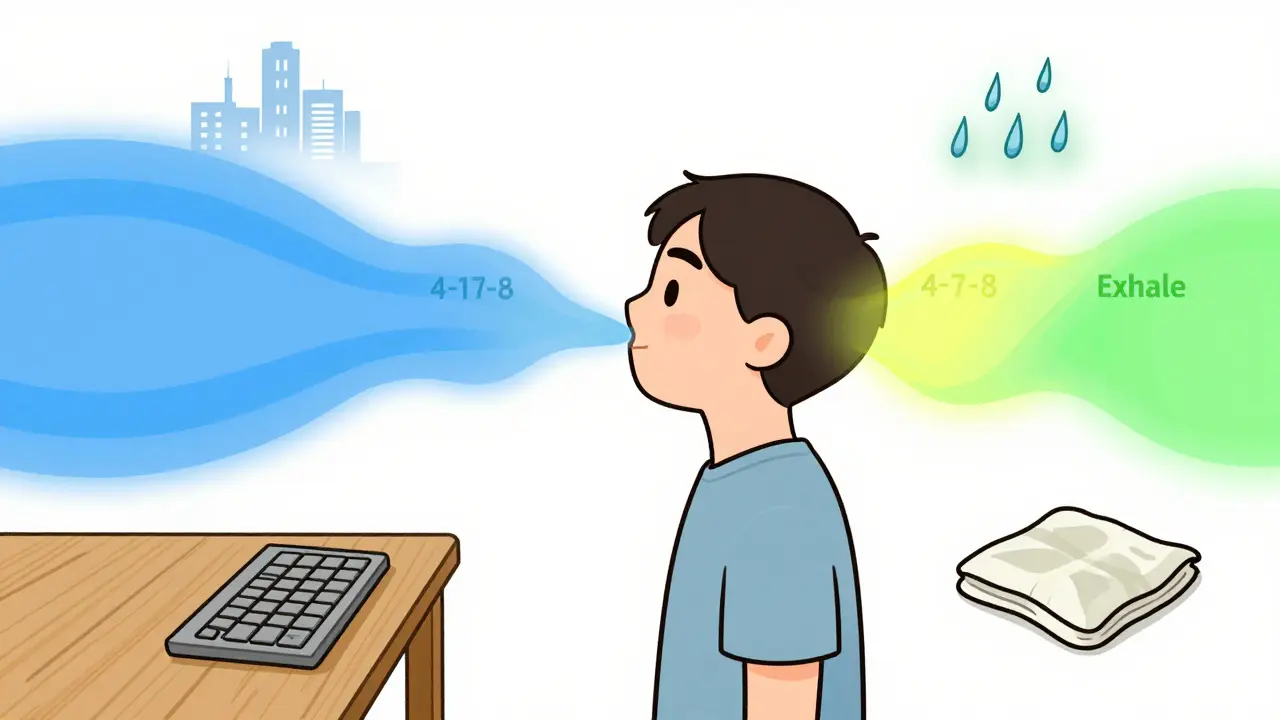 Osoba používá dýchací techniku 4-7-8 s vizuálními vlnami a pěti smyslovými prvky kolem sebe.
