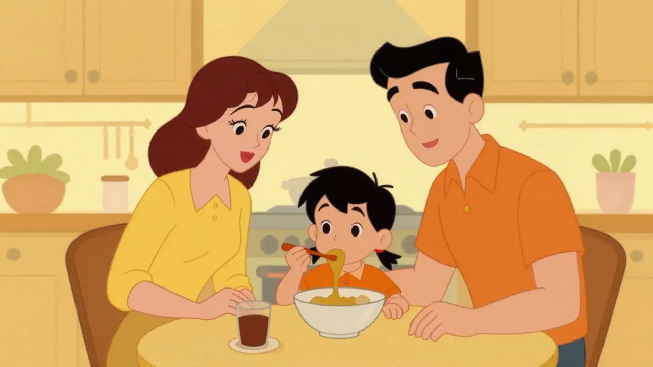 Podporující rodina během večeře s dítkem.