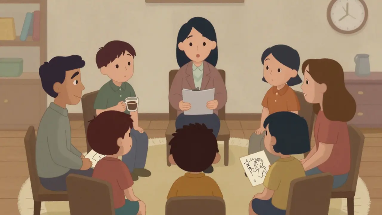 Rodina společně v terapii, terapeut vede rozhovor s otevřeným tělesným jazykem.