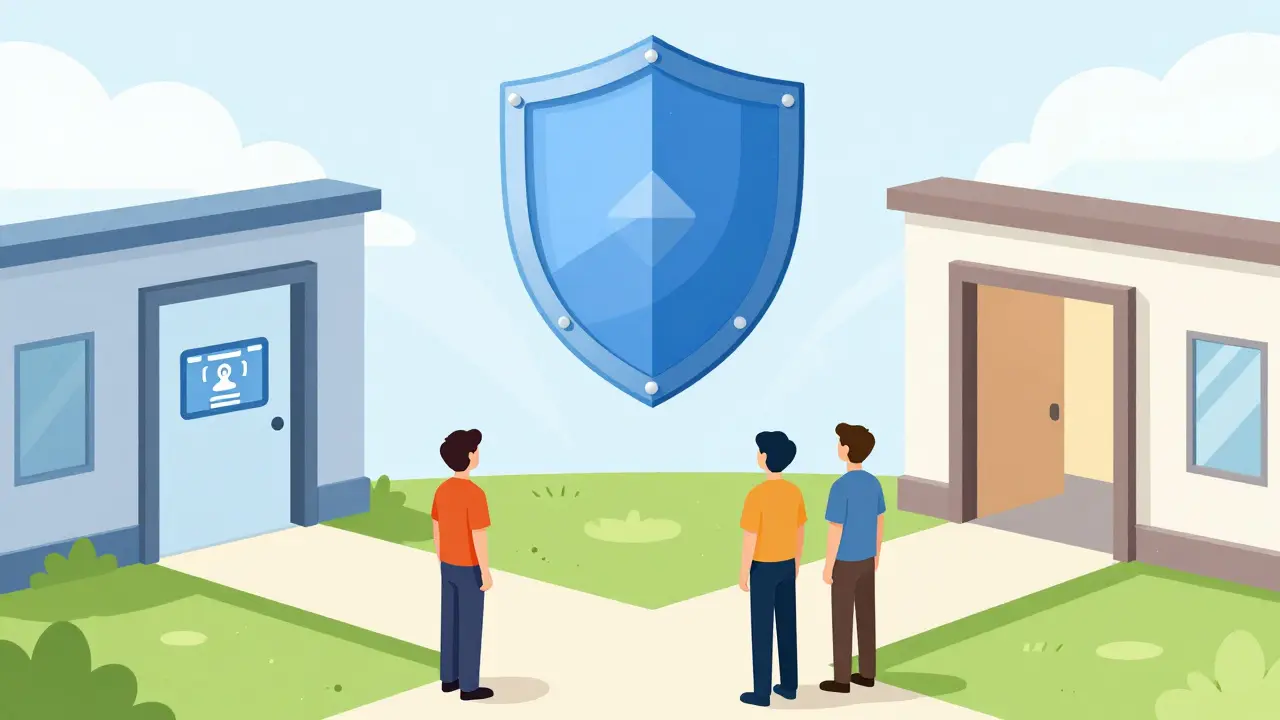 Rozhodování u dveří kliniky se symbolem ochrany nad hlavou.