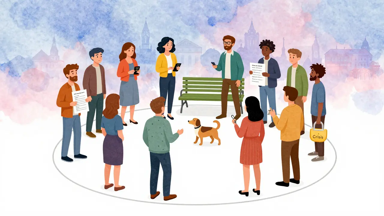 Skupina lidí stojí v kruhu, každý drží část bezpečnostního plánu — telefon, papír, klíč, park.