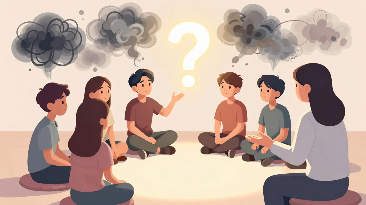 Skupina lidí v terapii s nad hlavami vznikajícími emoce a otazníkem ve středu.