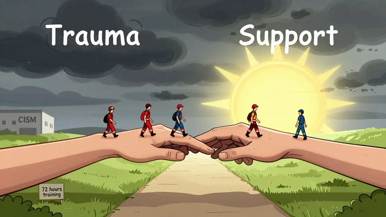 Symbolický most z rukou vede od traumatu k podpoře, představující CISM jako přechod k pomoci.