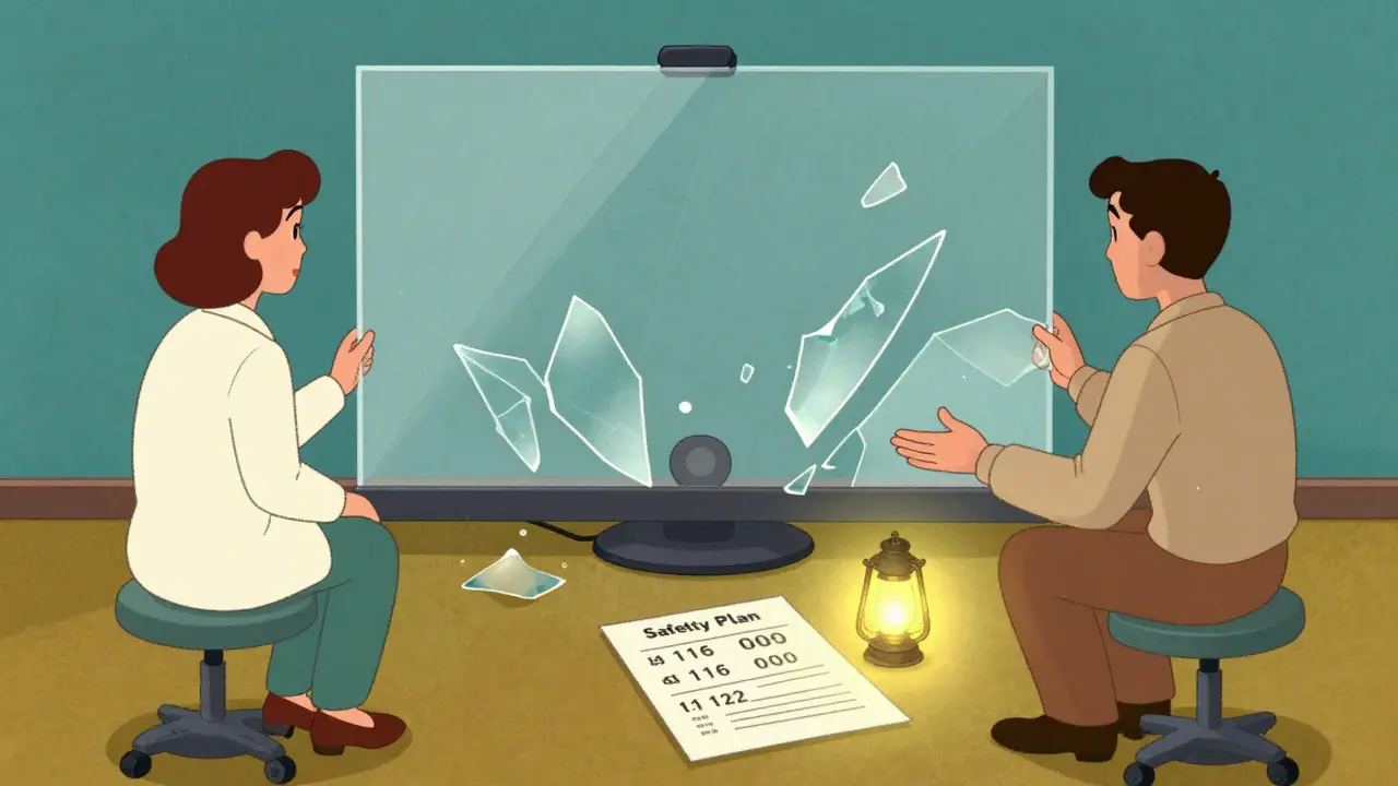 Terapeut a klient jsou odděleni praskající obrazovkou, pod ní září tři tísňové linky v Česku.