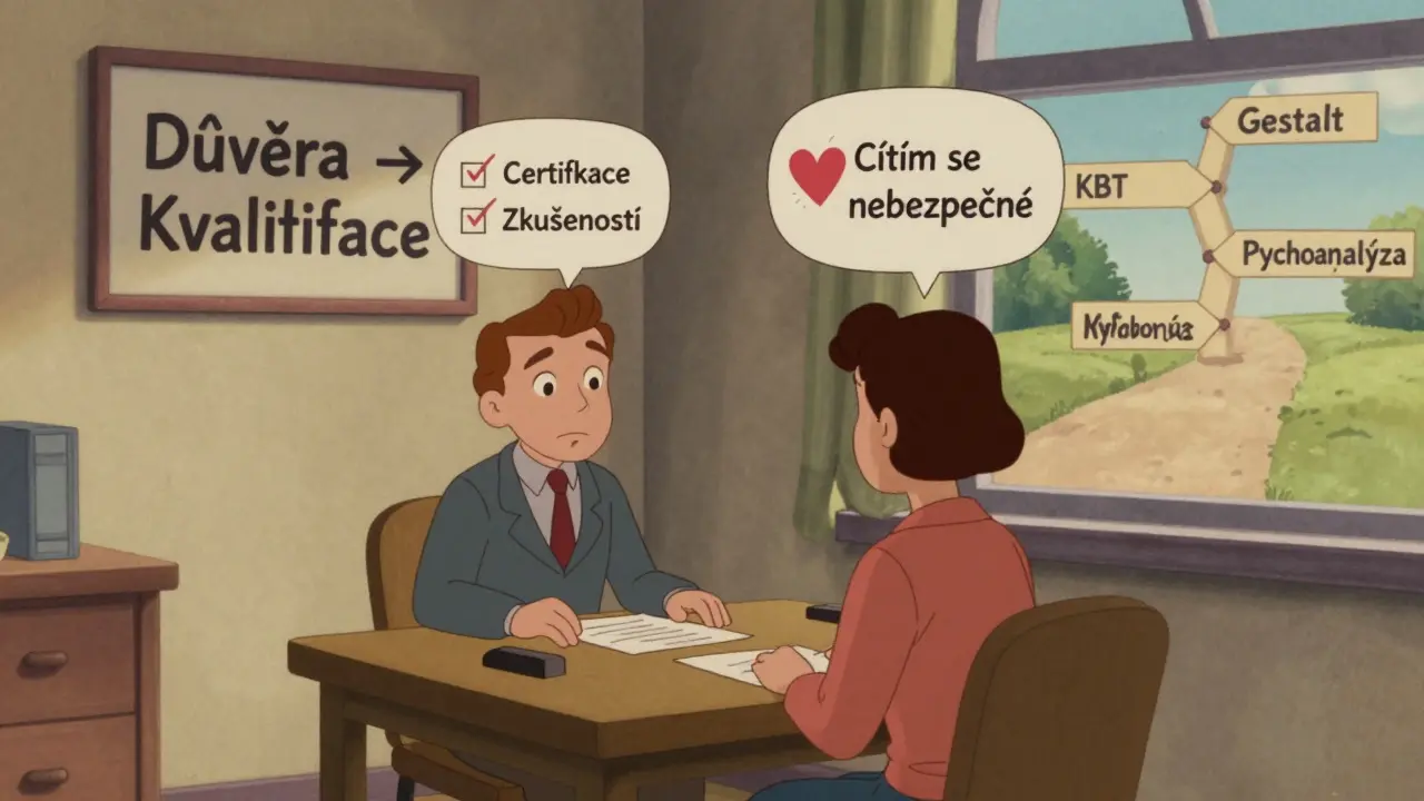 Terapeut a klient sedí proti sobě, jejich myšlenky se neshodují, na pozadí cesty různých přístupů.