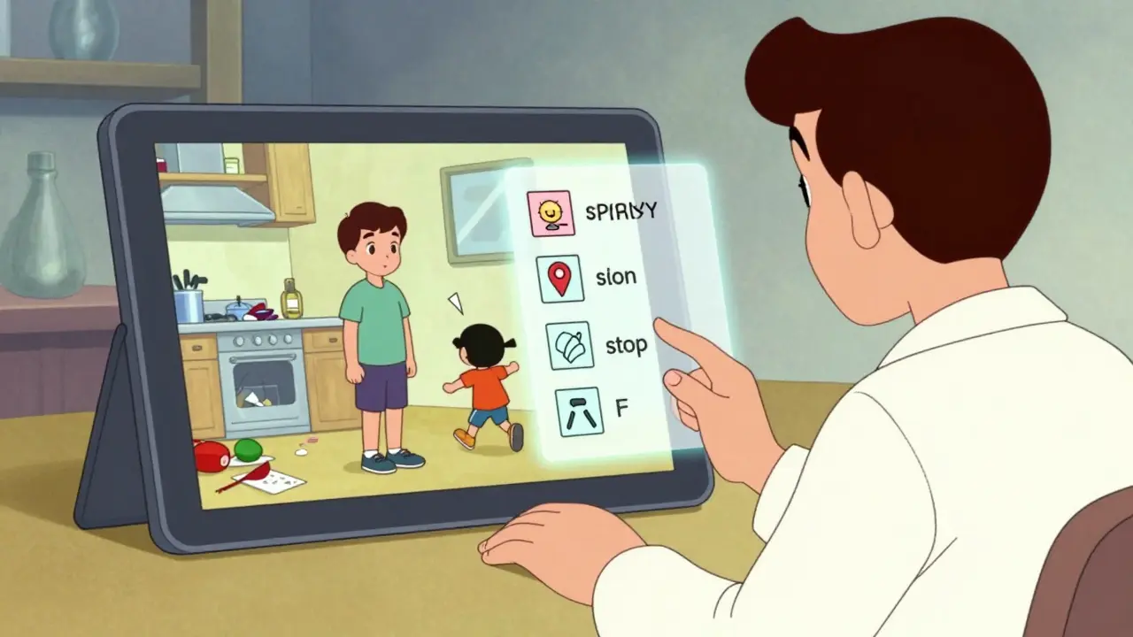 Terapeut kontroly prostředí klienta v kuchyni, kde běhá dítě, s kontrolním seznamem.