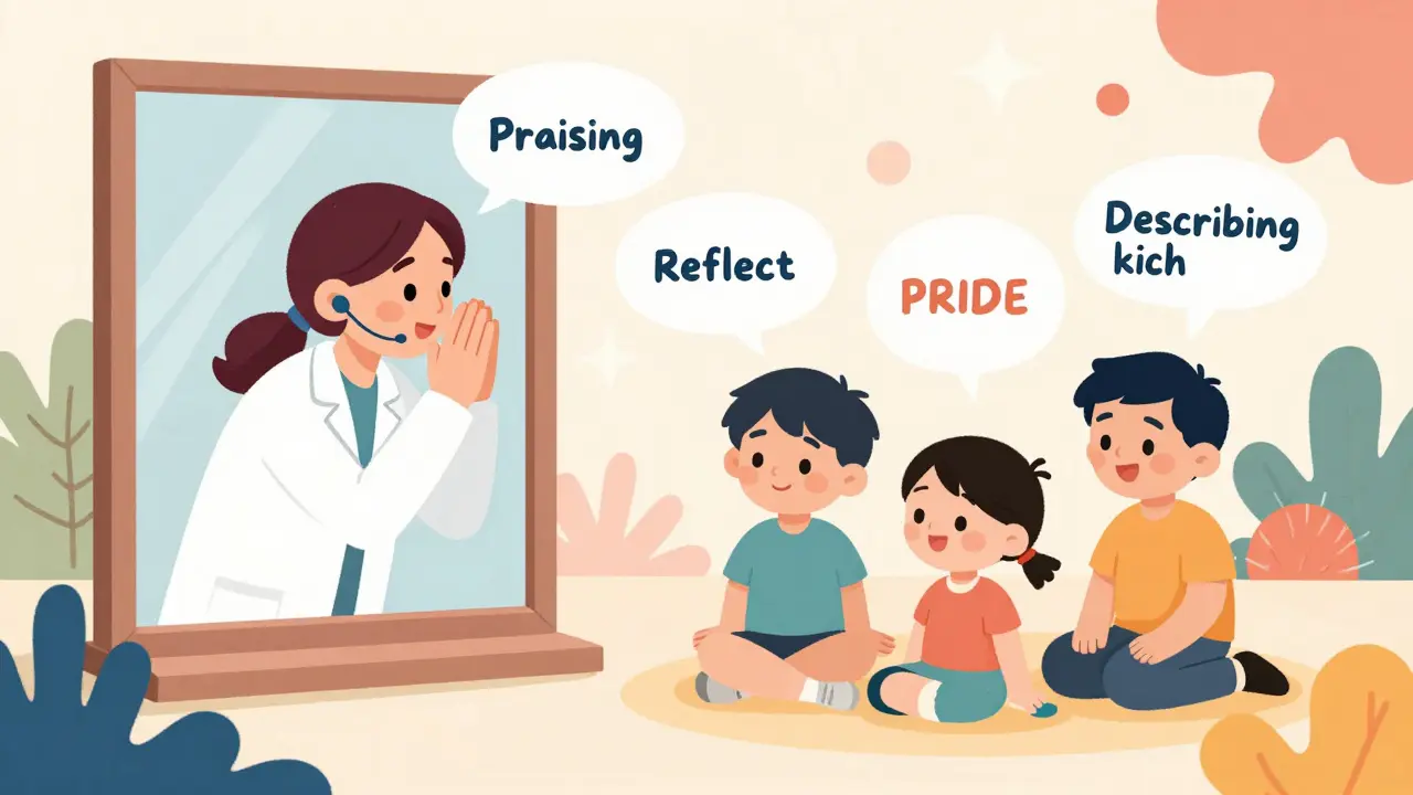 Terapeut pozoruje rodiče a dítě, kteří cvičí dovednosti PRIDE v hře.