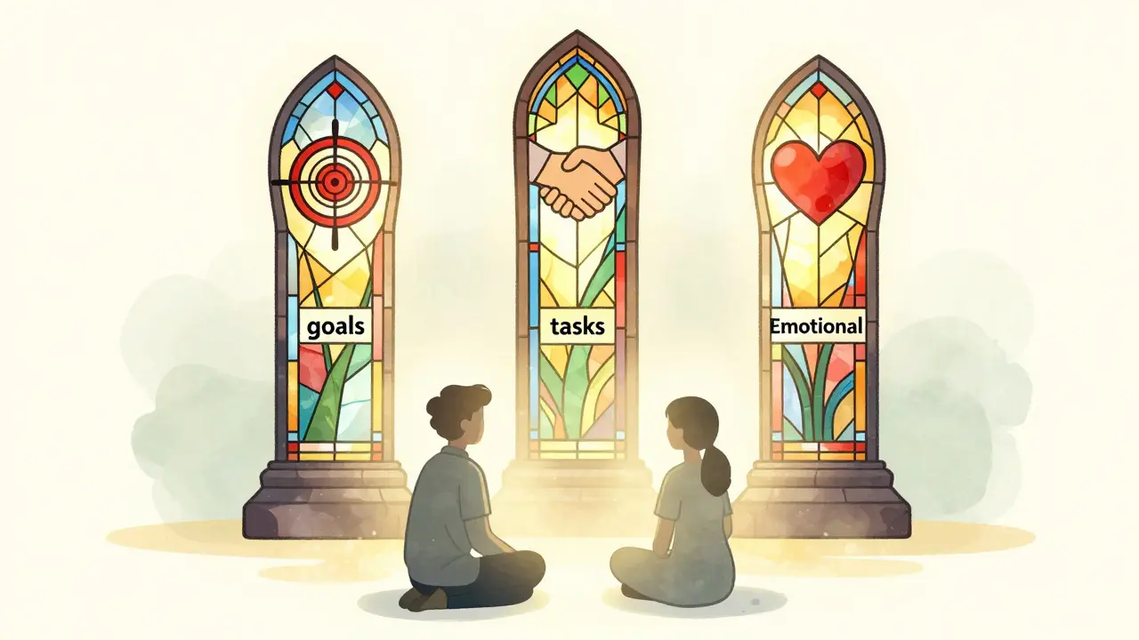 Tři symbolické sloupy — cíle, úkoly a emocionální vazba — plavají za terapeutem a klientem jako vitráž v klidném prostoru.