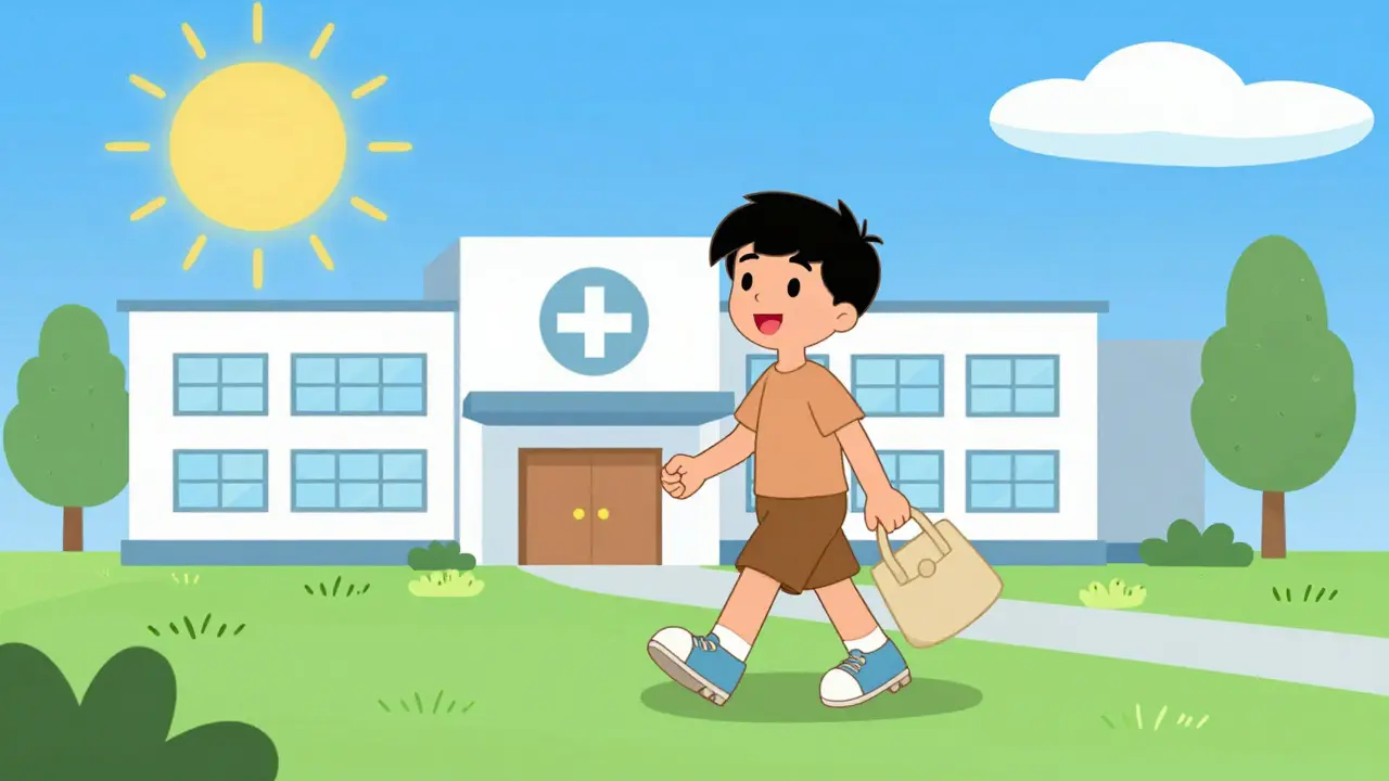 Úsměvavý teenáček po léčbě před nemocnicí.