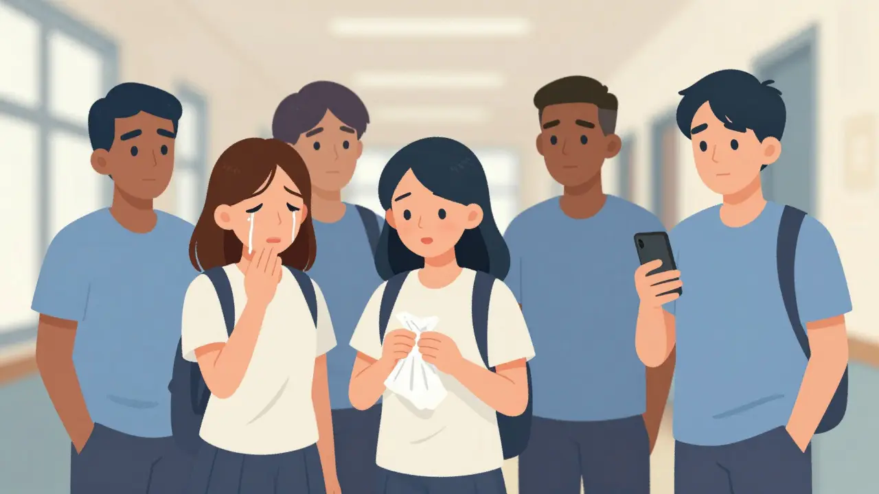 Žena pláče v chodbě školy, zatímco kamarádka jí nabízí kapesník a další přítel připravuje telefon.