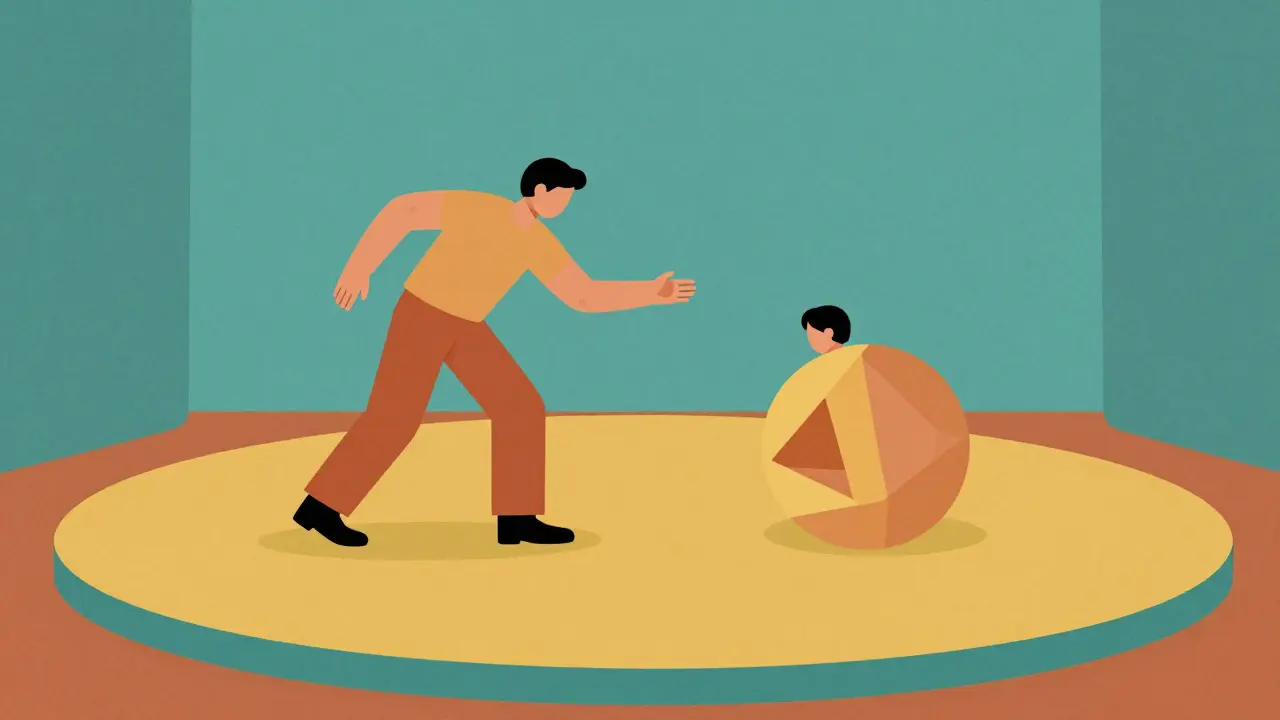 Abstraktní znázornění dynamiky vztahu, kde jeden partner hledá blízkost a druhý se stahuje.