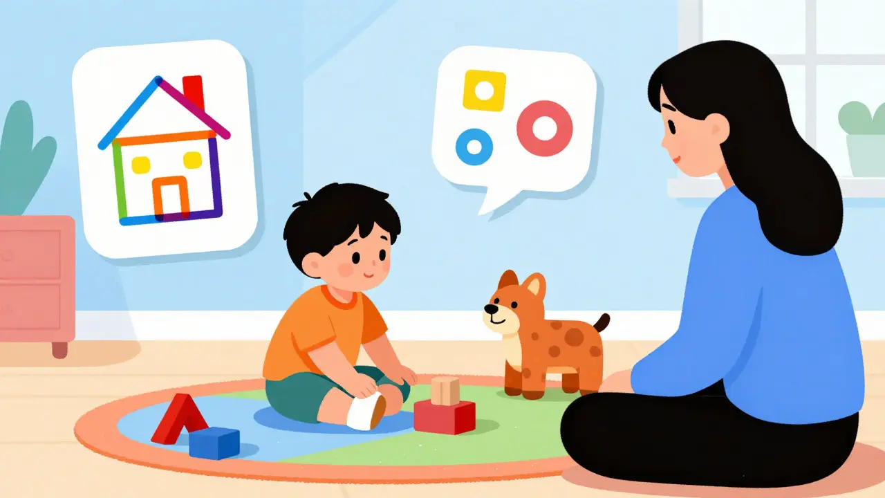 Dítě hrající si s hračkami a kreslícími obrázky během terapie v grafickém stylu.