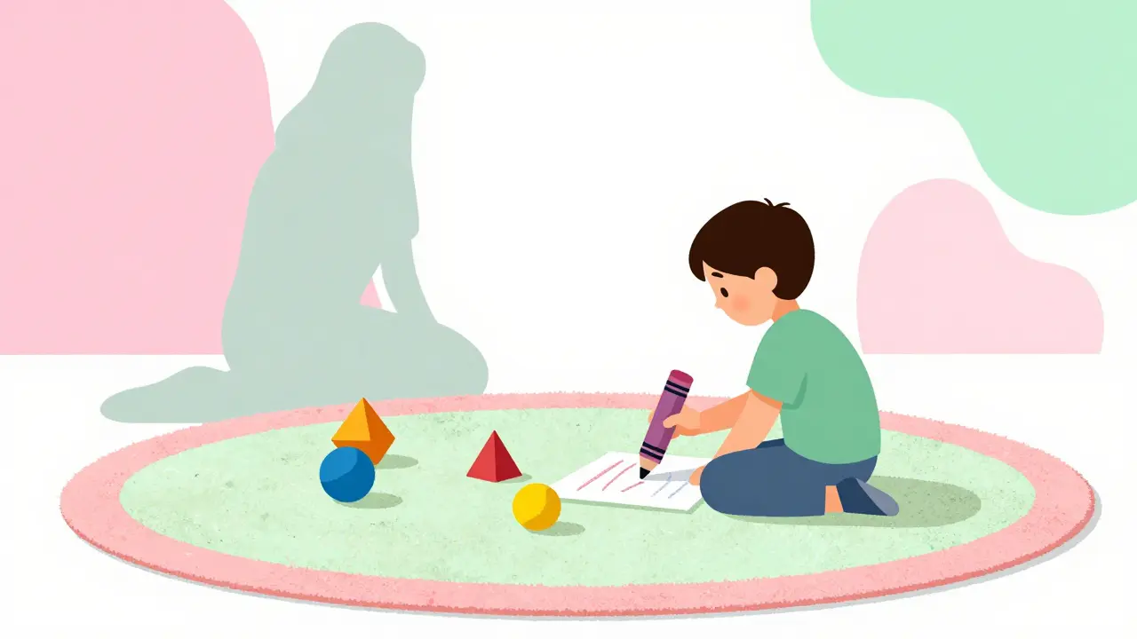 Dítě hrající si v terapeutickém prostředí v barevném ilustračním stylu.