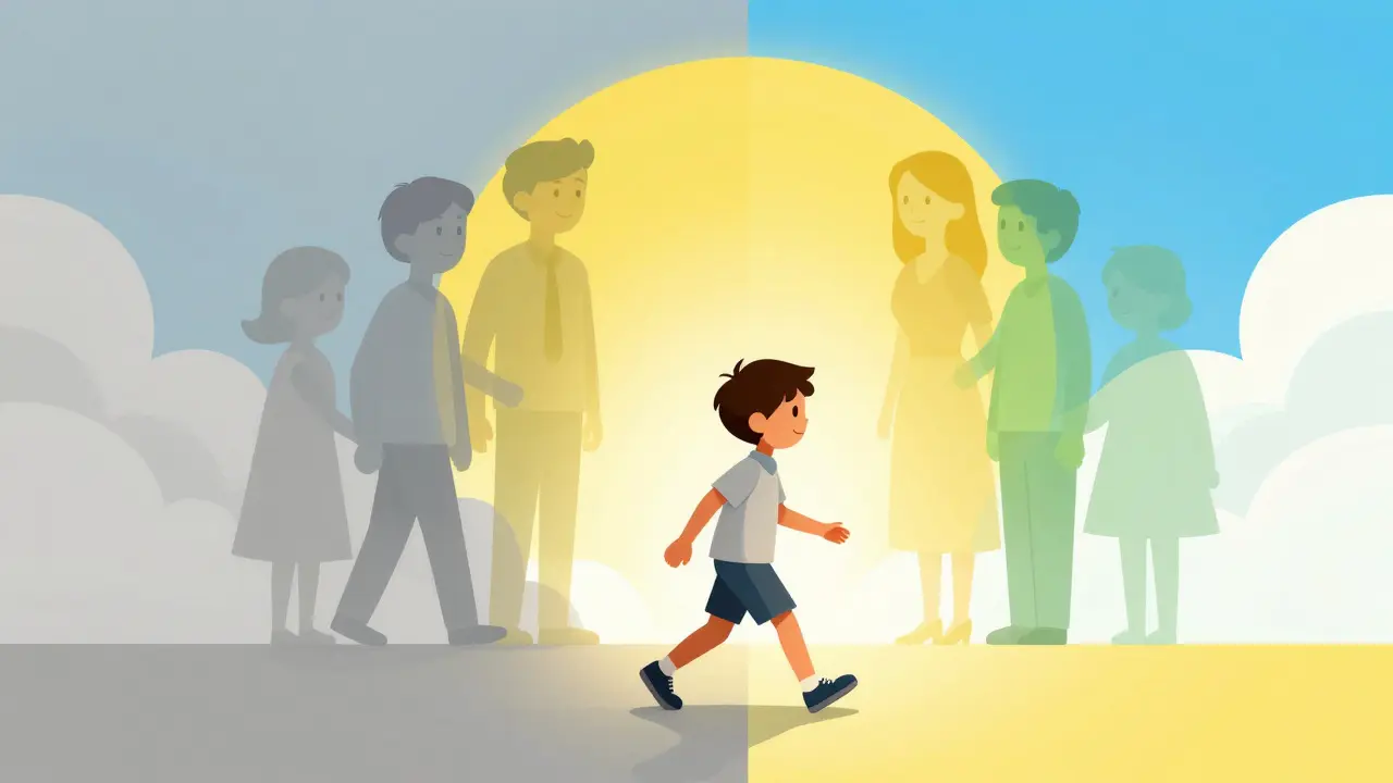 Dítě kráčející z šedé oblasti do slunného prostoru za podpory rodičů a učitele.