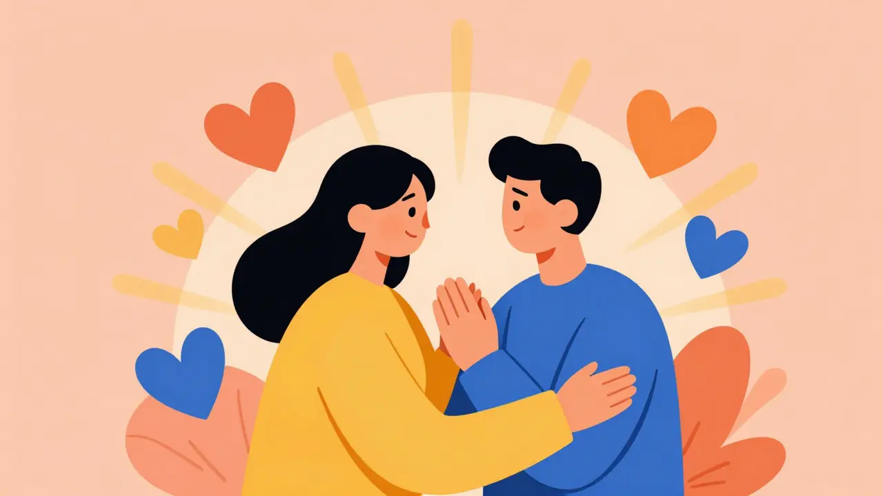 Dvě stylizované postavy v objetí symbolizující posílení vztahů skrze vděčnost.