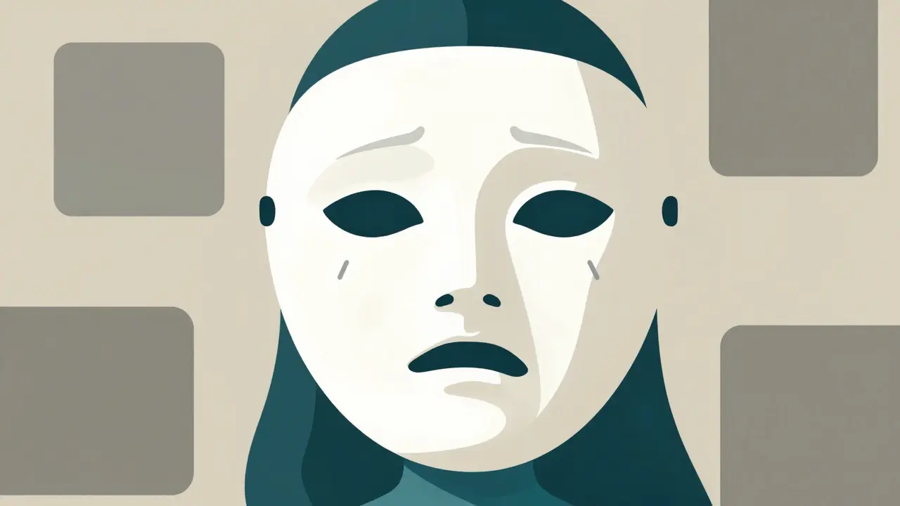 Ilustrace autistického maskingu, kde postava nosí usmívající se masku přes unavený výraz.