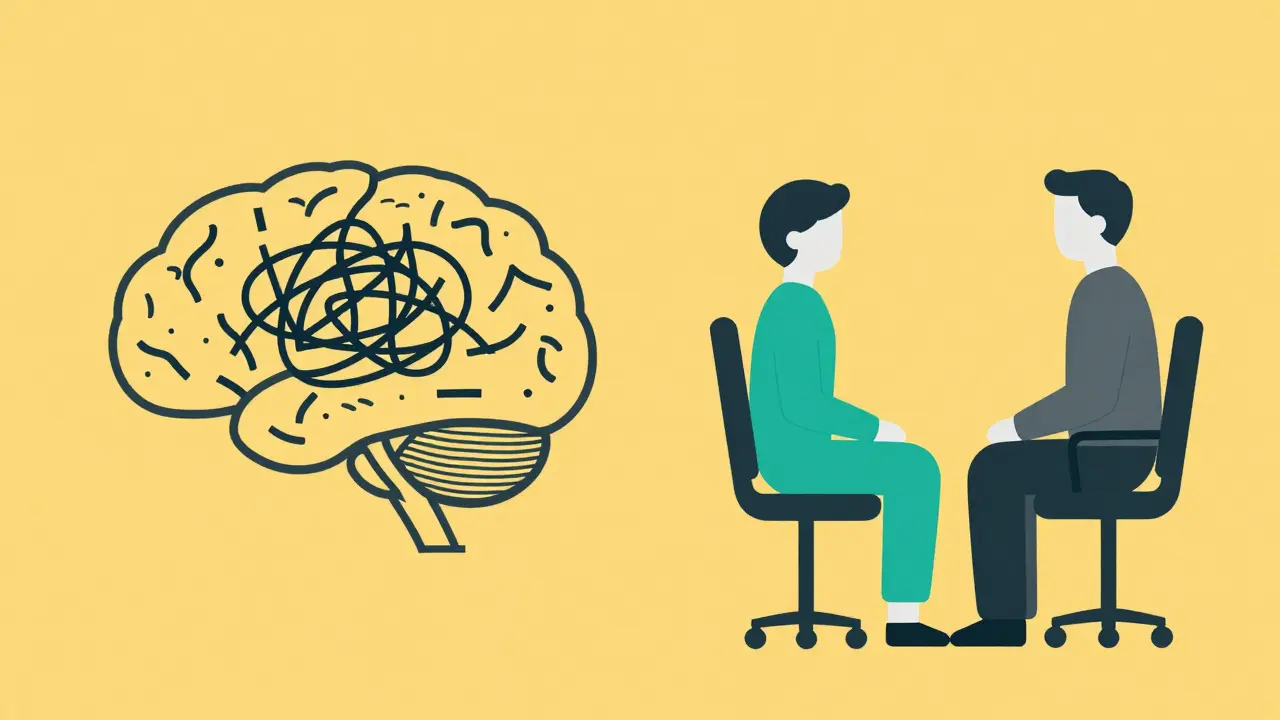 Ilustrace kombinace léčby a psychoterapie v minimalistickém stylu.