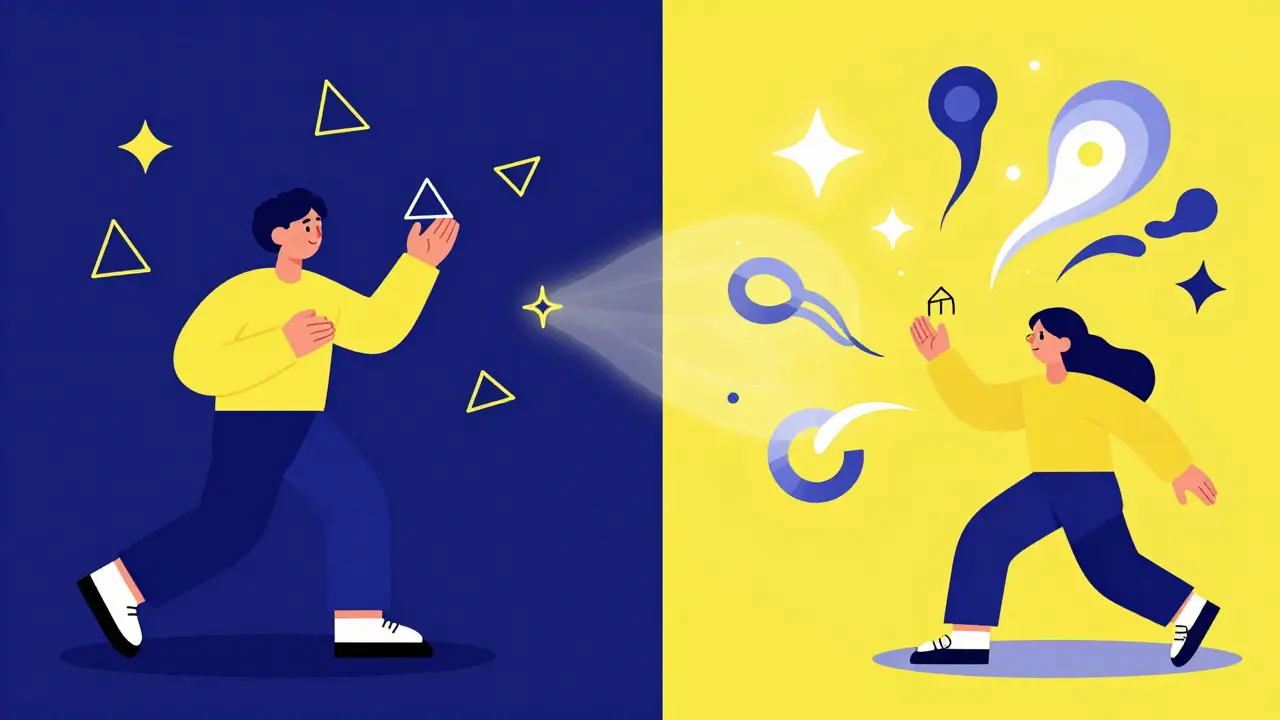 Ilustrace magického myšlení s abstraktními symboly a surrealistickými prvky.