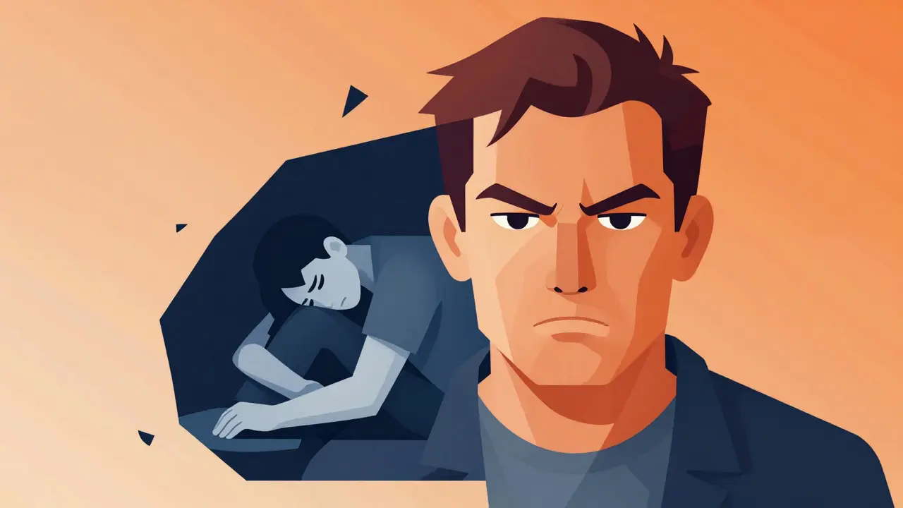 Ilustrace muže, jehož vnější vztek maskuje vnitřní smutek.