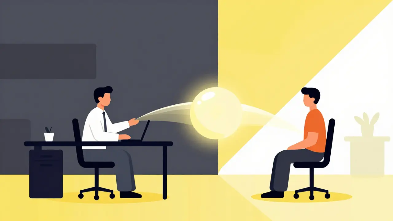 Ilustrace procesu EMDR terapie s přechodem od temných barev k optimistickému žlutému světlu.