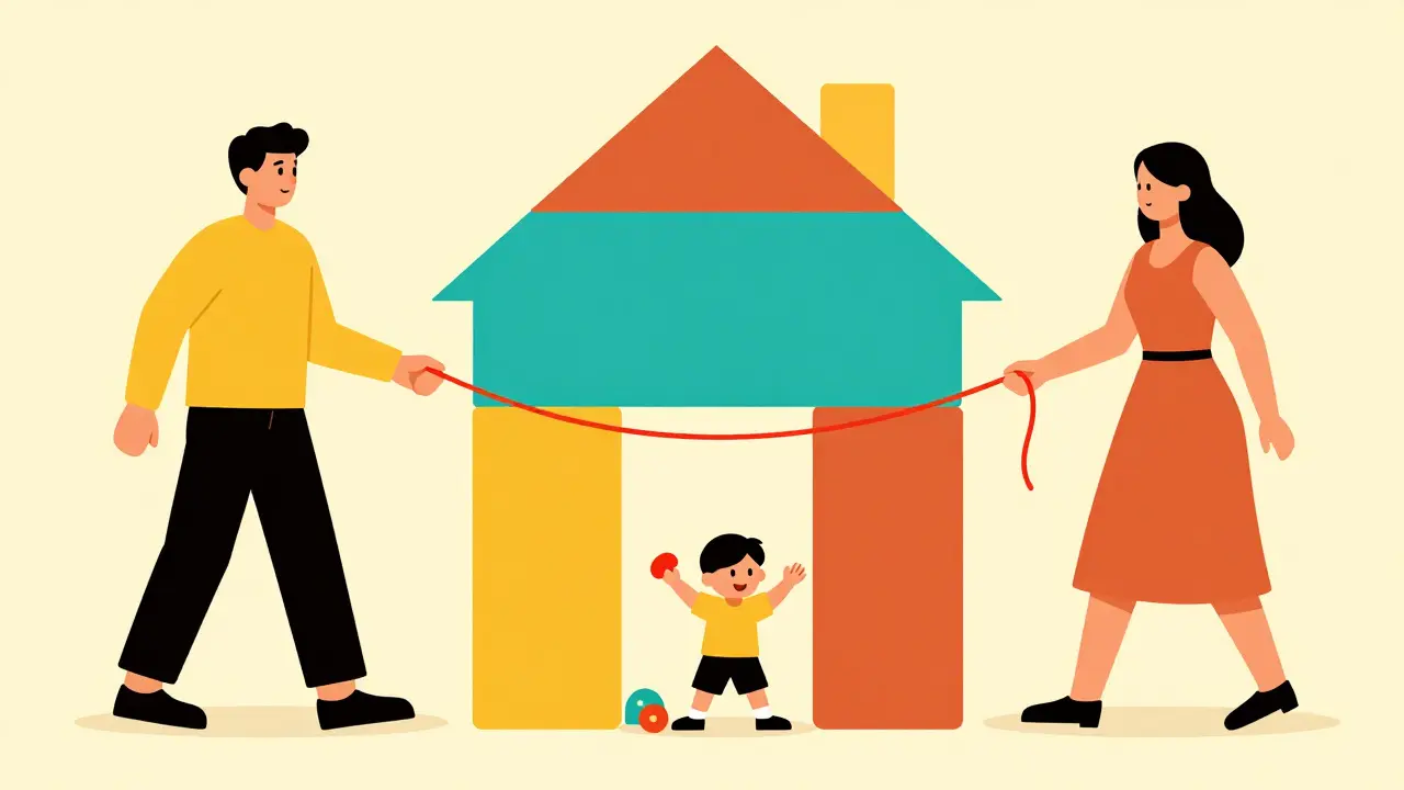 Ilustrace rodičů spolupracujících při péči o dítě v minimalistickém stylu.