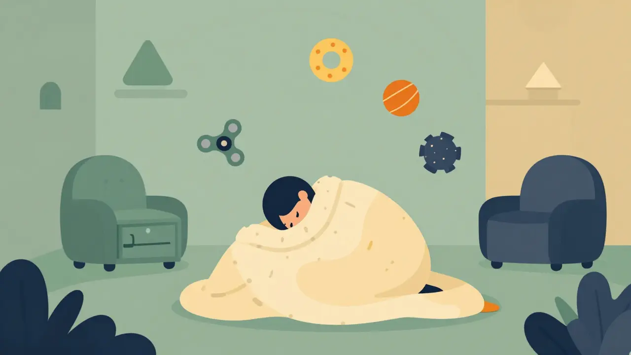 Klidný senzorický prostor s váženou přikrývkou a stimulačními pomůckami v moderním stylu.