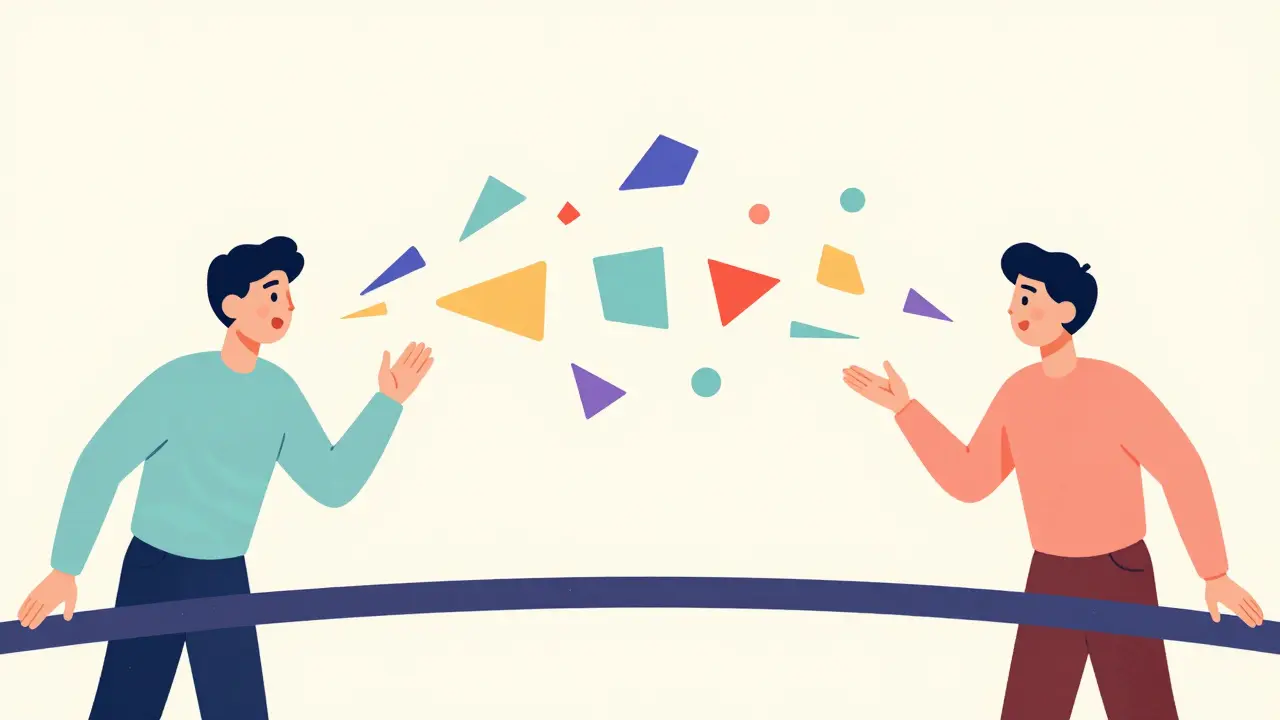 Konceptuální ilustrace přátelské komunikace pomocí barevných geometrických tvarů symbolizujících empatii.