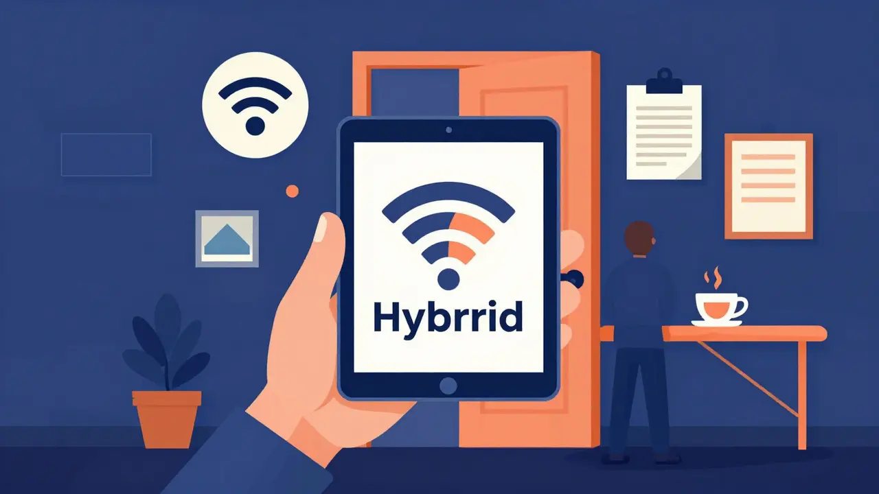 Konceptuální obraz kombinující digitální zařízení a fyzickou ordinaci psychologa.