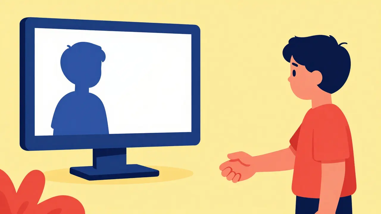 Konceptuální obraz znázornující video-feedback a následný úspěšný sociální kontakt dítěte.