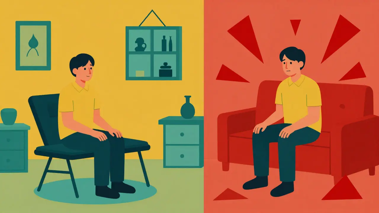 Kontrast mezi klidnou terapií a domácím konfliktem v minimalistickém stylu.