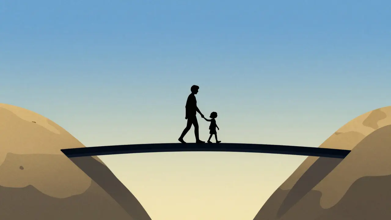 Kresba rodiče a dítěte přecházejících přes most symbolizující důvěru.