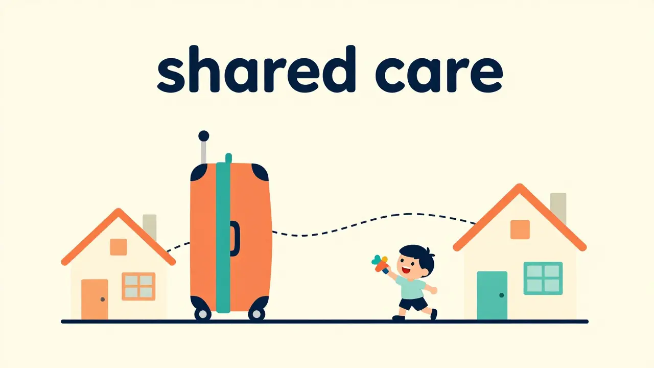 Kresba v UPA stylu znázornující střídavou péči a přesun dítěte mezi rodiči.