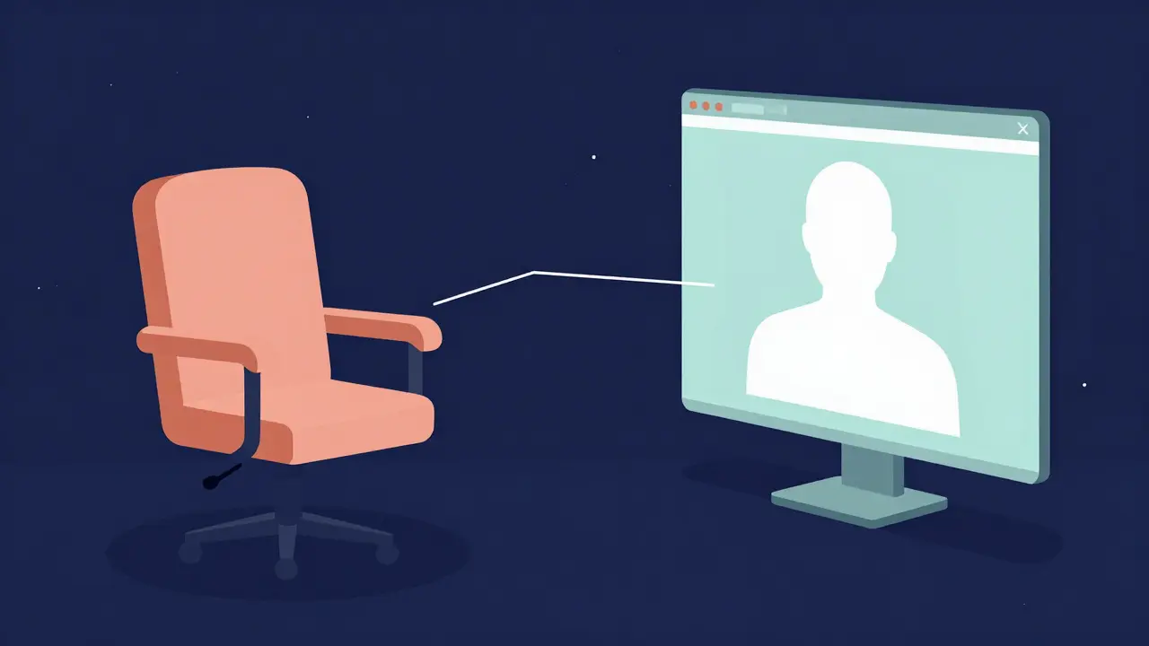 Kresba ve stylu UPA znazobrazující kombinaci osobní a online terapie spojenou společnou dohodou.